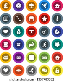 White Solid Icon Set- splotch vector, ladle, book, magnet, molecule, money bag, tie, pound, muscule hand, run, clock, document, dry cargo, dialog, heart, rec button, eye, scissors, cloud network