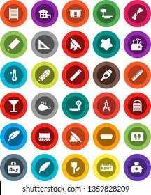 White Solid Icon Set- splotch vector, welcome mat, washboard, rolling pin, thermometer, chicken leg, pen, pencil, corner ruler, drawing compass, Railway carriage, glass, tulip, big scales, hdmi, buy