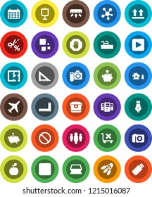 White Solid Icon Set- sponge vector, pen, corner ruler, apple fruit, presentation, piggy bank, man, calendar, shuttlecock, prohibition sign, plane, top, no trolley, social media, play button, server