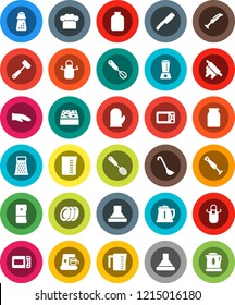 White Solid Icon Set- sponge vector, kettle, measuring cup, cook hat, apron, glove, whisk, skimmer, ladle, knife, rolling pin, meat hammer, hand mill, grater, plates, jar, fridge, coffee maker, hood