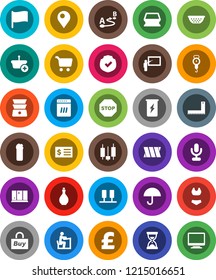 White Solid Icon Set- sponge vector, cleaning agent, shining window, oil, colander, scales, double boiler, blackboard, corner ruler, student, flag, cart, japanese candle, receipt, sand clock, pound