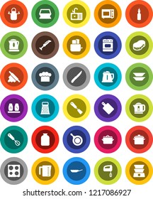 White Solid Icon Set- sponge vector, sink, pan, kettle, measuring cup, cook hat, apron, whisk, spatula, knife, rolling pin, cutting board, grater, toaster, microwave oven, spices, plates, jar, oil