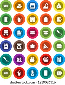 White Solid Icon Set- sponge vector, plates, water tap, pan, kettle, colander, scales, apron, whisk, rolling pin, grater, toaster, double boiler, spices, jar, fridge, coffee maker, meat grinder