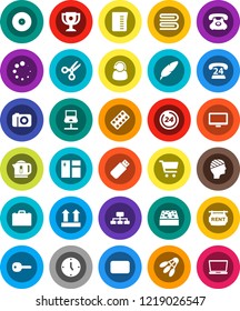 White Solid Icon Set- sponge vector, towel, window cleaning, measuring cup, pen, case, award, scissors, cart, clock, hierarchy, shuttlecock, phone, 24, top sign, disk, monitor, mail, pills blister