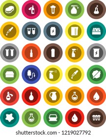 White Solid Icon Set- sponge vector, water drop, splotch, liquid soap, sprayer, cleaning agent, oil, measuring cup, jug, flask, enegry drink, vial, dropper, potion, counter, filter