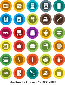 White Solid Icon Set- sponge vector, sink, pan, colander, scales, apron, cook glove, whisk, cutting board, grater, microwave oven, double boiler, plates, sieve, oil, fridge, dishwasher, mixer