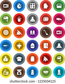 White Solid Icon Set- sponge vector, plates, sink, pan, colander, scales, cook hat, apron, glove, timer, ladle, rolling pin, hand mill, toaster, microwave oven, spices, sieve, jar, fridge, mixer