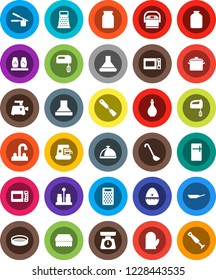 White Solid Icon Set- sponge vector, water tap, pan, oil, scales, cook glove, timer, press, spatula, ladle, grater, microwave oven, spices, sieve, dish, jar, fridge, mixer, coffee maker, hood
