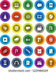 White Solid Icon Set- sponge vector, window cleaning, shower, kettle, towel, egg, potato, abacus, archive, crisis, bank building, sand clock, dollar flag, hoop, stadium, port, document, oil barrel