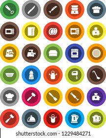 White Solid Icon Set- sponge vector, plates, kettle, colander, measuring cup, cook hat, apron, whisk, spatula, ladle, knife, meat hammer, hand mill, toaster, microwave oven, double boiler, sieve