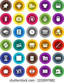 White Solid Icon Set- sponge vector, trash bin, shining window, sink, pan, paper pin, clock, sand, swimsuite, t shirt, pills, heart monitor, office, weight, camera, pause button, scalpel, hub, mall