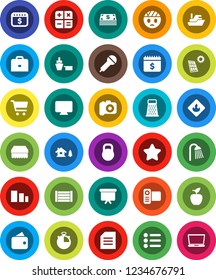 White Solid Icon Set- sponge vector, shower, grater, case, apple fruit, document, cart, presentation board, dollar calendar, stopwatch, ship, port, wood box, sorting, weight, flammable, camera, cash
