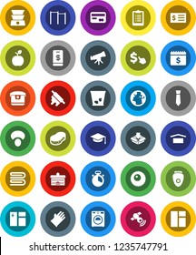 White Solid Icon Set- sponge vector, towel, trash bin, window cleaning, washer, rubber glove, cook timer, rolling pin, mushroom, graduate hat, university, apple fruit, telescope, receipt, tie, earth