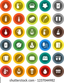 White Solid Icon Set- sponge vector, water drop, splotch, sprayer, cleaning agent, oil, measuring cup, jug, flask, enegry drink, vial, dropper, potion, counter, filter