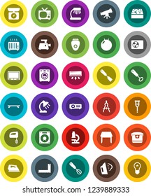 White Solid Icon Set- sponge vector, iron, steaming, whisk, spatula, corner ruler, drawing compass, telescope, microscope, table lamp, fitball, skateboard, crutches, washer, ari condition, mixer, tv