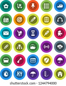 White Solid Icon Set- sponge vector, kettle, cook timer, clipboard, sand clock, measuring, umbrella, no trolley, video camera, headphones, thumbtack, thermometer, syringe, broken bone, chromosomes