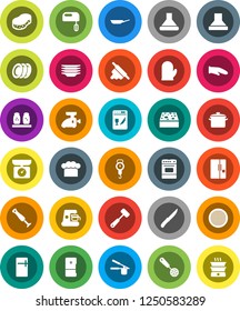 White Solid Icon Set- sponge vector, plates, pan, scales, cook hat, glove, press, skimmer, knife, rolling pin, meat hammer, oven, spices, sieve, fridge, dishwasher, mixer, coffee maker, grinder