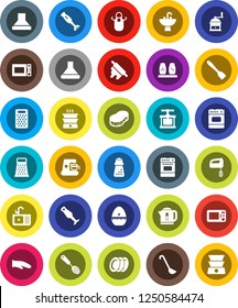 White Solid Icon Set- sponge vector, sink, apron, cook glove, timer, press, skimmer, spatula, ladle, rolling pin, hand mill, grater, microwave oven, spices, blender, plates, mixer, coffee maker