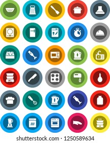 White Solid Icon Set- sponge vector, sink, pan, kettle, oil, colander, cook hat, glove, timer, whisk, spatula, knife, grater, microwave oven, double boiler, blender, dish, jar, dishwasher, fridge