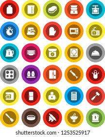White Solid Icon Set- sponge vector, plates, sink, kettle, measuring cup, apron, cook glove, timer, press, spatula, rolling pin, meat hammer, grater, toaster, microwave oven, double boiler, spices