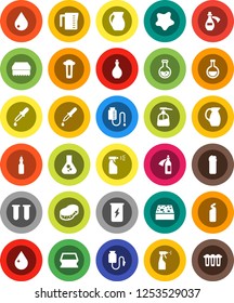 White Solid Icon Set- sponge vector, water drop, splotch, liquid soap, sprayer, cleaning agent, oil, measuring cup, jug, flask, enegry drink, vial, dropper, potion, counter, filter