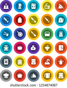 White Solid Icon Set- sponge vector, sink, water tap, pan, kettle, measuring cup, cook hat, apron, press, spatula, rolling pin, grater, oven, double boiler, spices, blender, dish, jar, fridge