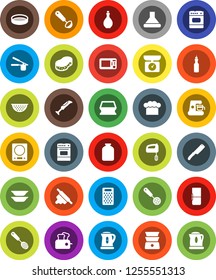 White Solid Icon Set- sponge vector, kettle, oil, colander, cook hat, press, skimmer, ladle, knife, rolling pin, grater, oven, double boiler, plates, sieve, jar, fridge, mixer, coffee maker, hood