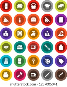 White Solid Icon Set- sponge vector, water tap, pan, colander, scales, cook hat, whisk, knife, rolling pin, meat hammer, cutting board, grater, toaster, microwave oven, spices, plates, jar, oil