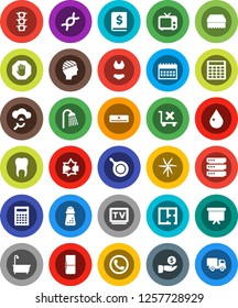 White Solid Icon Set- sponge vector, water drop, bath, shower, pan, hand mill, calculator, investment, annual report, presentation board, calendar, swimsuite, traffic light, no trolley, tv, dna