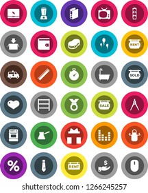 White Solid Icon Set- sponge vector, bath, apron, turk coffee, oven, ruler, drawing compass, wallet, investment, binder, tie, stopwatch, medal, traffic light, shelving, equalizer, notebook pc, heart