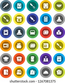White Solid Icon Set- sponge vector, plates, kettle, colander, cook hat, whisk, skimmer, spatula, knife, grater, toaster, microwave oven, spices, blender, dish, fridge, dishwasher, coffee maker