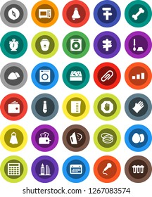 White Solid Icon Set- sponge vector, towel, steaming, toilet brush, rubber glove, garbage pile, measuring cup, microwave oven, egg, bell, alarm clock, compass, wallet, calculator, tie, bone, hoop
