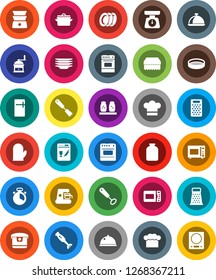 White Solid Icon Set- sponge vector, plates, pan, scales, cook hat, glove, timer, whisk, spatula, hand mill, grater, microwave oven, double boiler, spices, blender, sieve, dish, jar, dishwasher