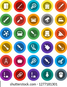 White Solid Icon Set- sponge vector, iron, toilet brush, pan, measuring cup, whisk, spatula, ladle, rolling pin, meat hammer, cutting board, blender, pen, drawing compass, telescope, scissors, mouse