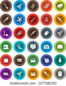 White Solid Icon Set- sponge vector, toilet brush, rubber glove, pan, ladle, pen, drawing compass, scissors, first aid kit, social media, crutches, scalpel, stethoscope, diagnostic monitor, iron