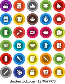 White Solid Icon Set- sponge vector, pan, colander, measuring cup, cook timer, knife, rolling pin, meat hammer, toaster, double boiler, blender, plates, sieve, dish, fridge, dishwasher, multi cooker