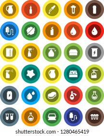 White Solid Icon Set- sponge vector, water drop, splotch, liquid soap, sprayer, cleaning agent, measuring cup, jug, oil, flask, enegry drink, vial, dropper, blood, potion, counter, filter