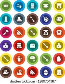 White Solid Icon Set- sponge vector, water tap, pan, colander, scales, apron, cook glove, timer, press, skimmer, spatula, ladle, rolling pin, meat hammer, grater, toaster, double boiler, plates