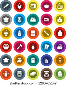 White Solid Icon Set- sponge vector, sink, pan, kettle, oil, scales, cook hat, apron, spatula, knife, meat hammer, hand mill, toaster, oven, double boiler, jar, fridge, coffee maker, grinder