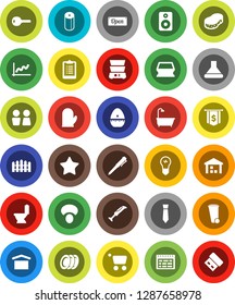 White Solid Icon Set- sponge vector, trash bin, toilet, paper, water closet, cook glove, timer, double boiler, plates, mushroom, pen, schedule, graph, dollar flag, tie, clipboard, dry cargo, speaker