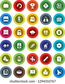White Solid Icon Set- sponge vector, hand mill, toaster, sieve, ruler, award cup, archive, flask, boxing glove, route, attention, document, no hook, speaker, rca, syringe, cloud exchange, gear, undo