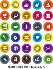 White Solid Icon Set- sponge vector, towel, washboard, cleaner woman, whisk, sieve, book, microscope, table lamp, clipboard, award cup, magnet, constellation, investment, calculator, bike, pool
