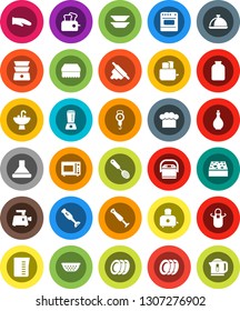 White Solid Icon Set- sponge vector, plates, sink, oil, colander, measuring cup, scales, cook hat, apron, glove, skimmer, rolling pin, toaster, microwave oven, double boiler, blender, dish, jar