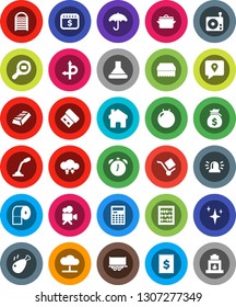 White Solid Icon Set- sponge vector, shining, washboard, toilet paper, pan, chicken leg, calculator, alarm clock, abacus, gold ingot, money bag, dollar calendar, fitball, route, traking, receipt