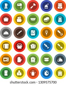 White Solid Icon Set- sponge vector, pan, colander, measuring cup, scales, apron, cook glove, timer, spatula, ladle, meat hammer, hand mill, grater, toaster, microwave oven, double boiler, blender