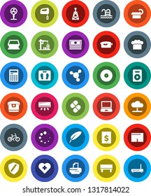 White Solid Icon Set- sponge vector, cook hat, pen, calculator, molecule, cash, receipt, scales, bike, shorts, pool, heart cross, disk, antenna, video camera, speaker, pills, tomography, shield, fan