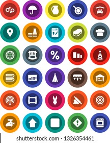 White Solid Icon Set- sponge vector, towel, pan, cook hat, rolling pin, jug, target, arrow up, swimsuite, map, calendar, umbrella, warehouse, sorting, film frame, antenna, stop button, gender sign
