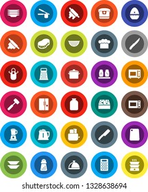 White Solid Icon Set- sponge vector, plates, pan, kettle, colander, cook hat, apron, timer, press, knife, rolling pin, meat hammer, cutting board, hand mill, grater, toaster, microwave oven, spices