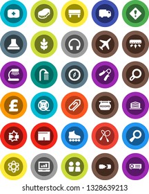 White Solid Icon Set- sponge vector, shower, water closet, atom, table lamp, compass, laptop graph, pound, jump rope, hand trainer, shorts, roller Skates, cereals, first aid kit, plane, film spool