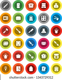 White Solid Icon Set- sponge vector, plates, pan, kettle, scales, apron, cook press, skimmer, spatula, knife, meat hammer, grater, toaster, microwave oven, double boiler, blender, jar, fridge, hood